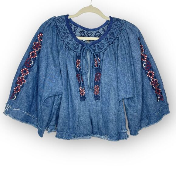 Free People Tops - Free People Sun Valley Embroidered Denim Blouse Boho Top Women’s Size Small